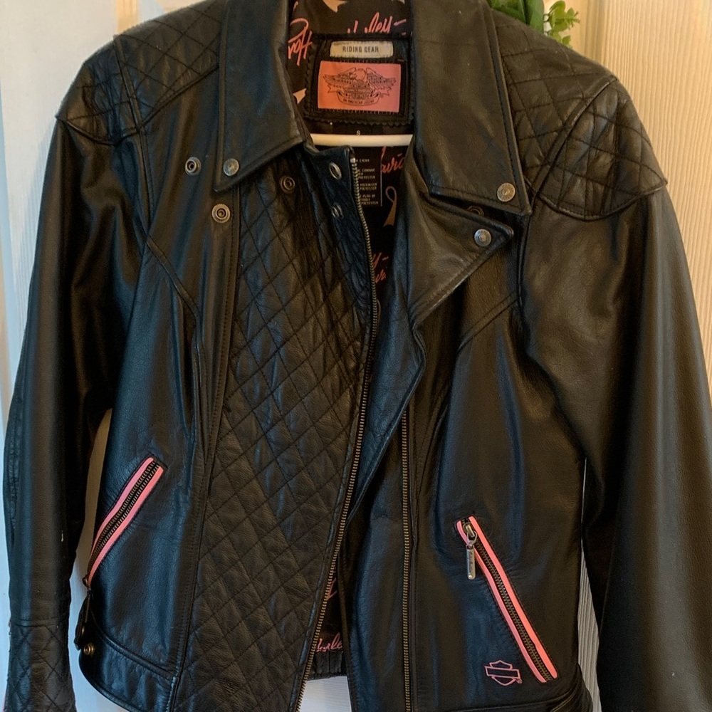 Harley-Davidson Black Leather Quilted Moto Jacket with Pink Zippers